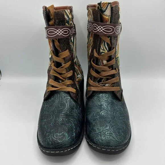 Womens Size 43 Bohemian-Style Mid-Calf Lace-Up Boots With Embossed Floral Design - Picture 3 of 10